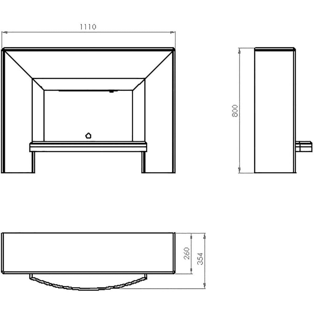 Technical line drawing of the Suncrest Stockeld Electric Fireplace Suite showing front, side, and top dimensions.