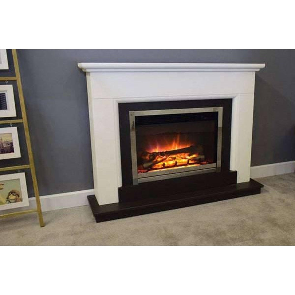 Suncrest Talent Electric Fireplace Suite with a white surround, dark hearth, and chrome-framed log effect fire.